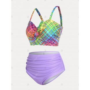 Bowknot Rainbow Plaid Print Plus Size & Curve 1950s Bikini Swimwear