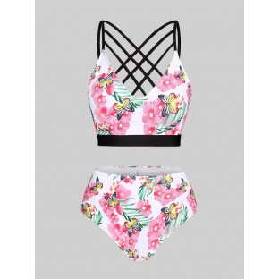 Floral Butterfly Print Crisscross Plus Size & Curve Bikini Swimsuit