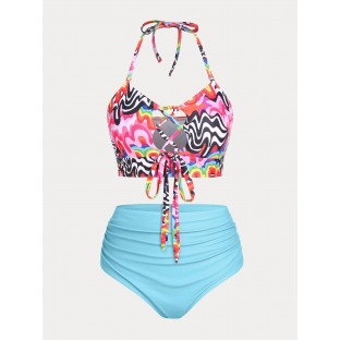 Halter Lace Up Colorful Print Plus Size & Curve Bikini Swimsuit